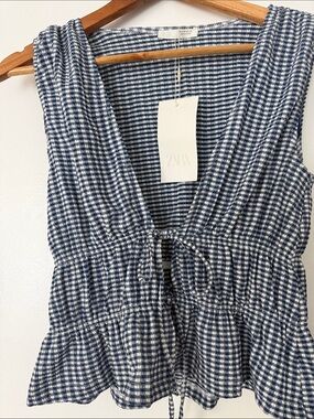 Zara Blue and White Gingham Tie-Front Top